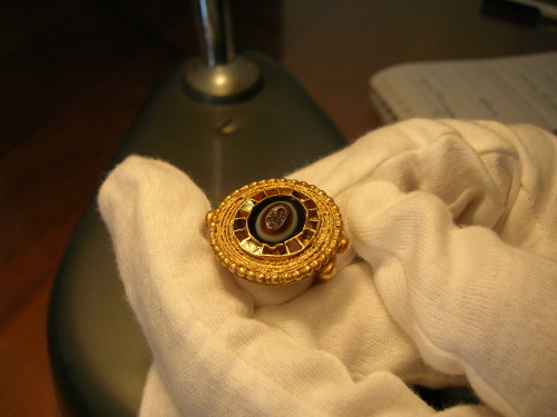 Finger ring, reusing a late Roman agate seal, from southern Italy, late 7th century (credit: Museo Nazionale Archeologico di Napoli).