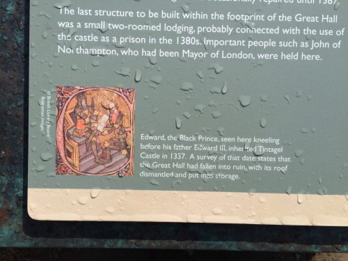 Illustration on outdoor interpretive slab showing Edward, the Black Prince being made Duke of Cornwall.